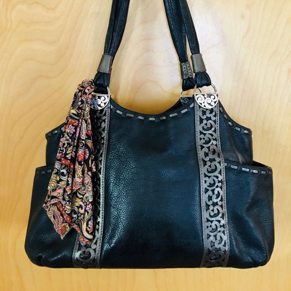 Brighton Calle Black Leather Satchel Purse Handbag w/Pewter Accents Side Pockets